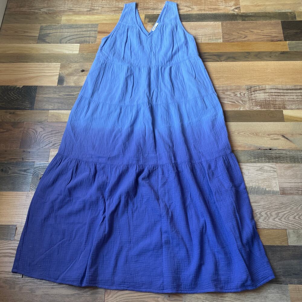 Marine Layer Corinne Blue Ombre L Tiered Maxi Dress V Neck Gauze